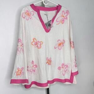 Linen Blend Embroidered Floral Top Blouse Boho Resort Plus Beach Size 1X